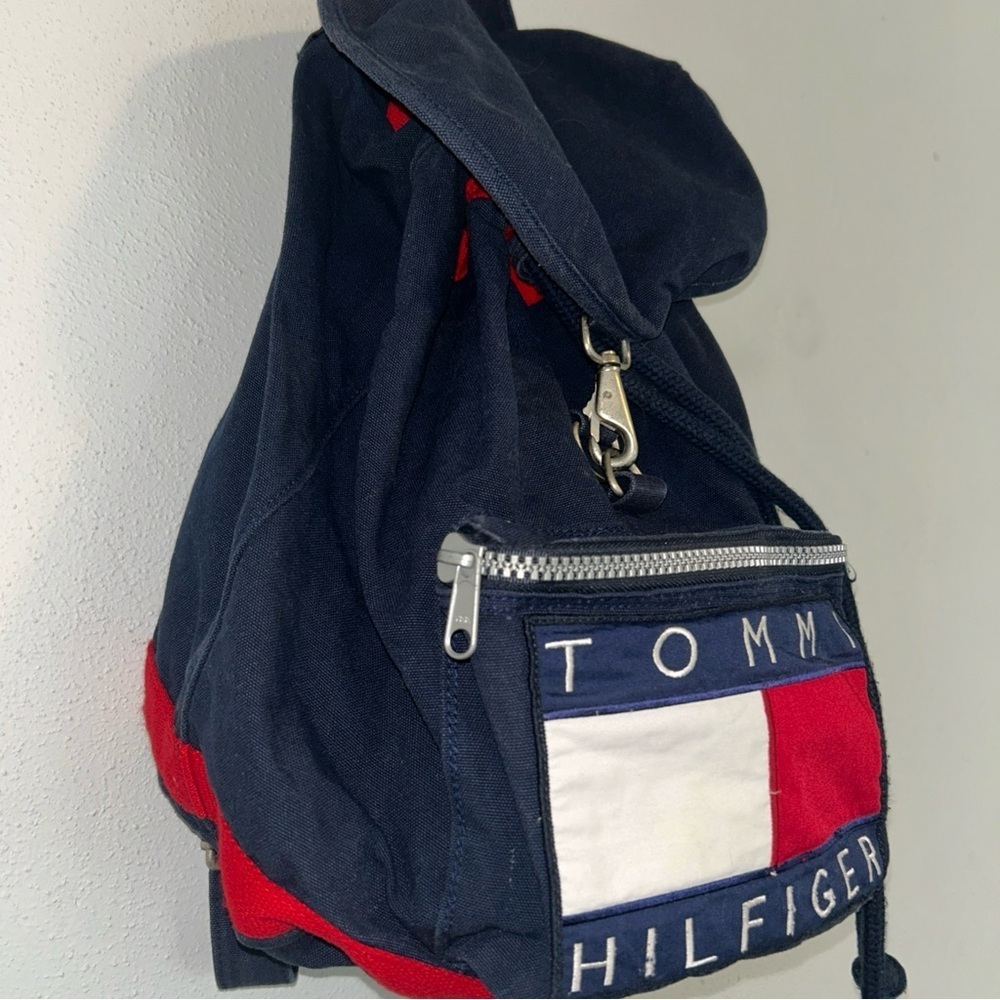 Vintage 1990s Tommy Hilfiger Backpack Nap Sack Tote Bag Big Flag Spell Out Logo - Picture 4 of 6